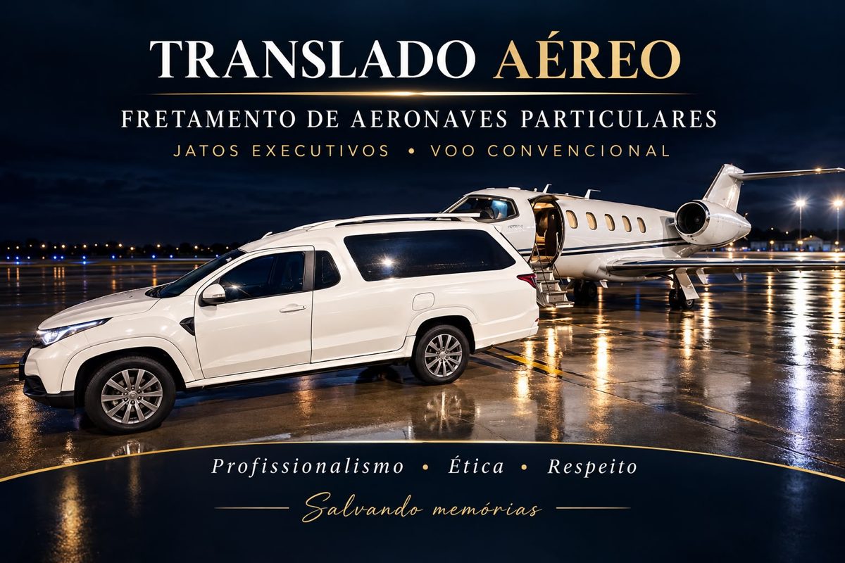 Carro funerário branco ao lado de um jato executivo com a escada aberta, na pista do aeroporto à noite, com os dizeres: Traslado aéreo — fretamento de aeronaves particulares, jatos executivos e voo convencional. Profissionalismo, ética e respeito. Salvando memórias.